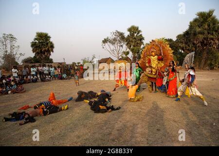 Chou dancers performing chou, a traditional folk dance of India, where acrobatics play a major role. The theme of such dance is from Hindu mythology. Stock Photo