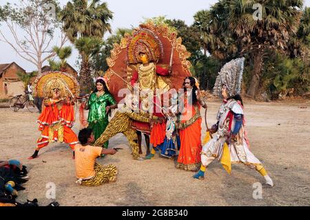 Chou dancers performing chou, a traditional folk dance of India, where acrobatics play a major role. The theme of such dance is from Hindu mythology. Stock Photo