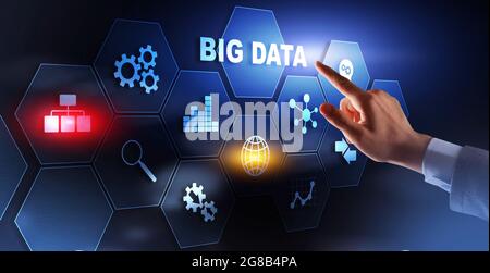 Man pressing Big data button on virtual screen with digital icons Stock Photo