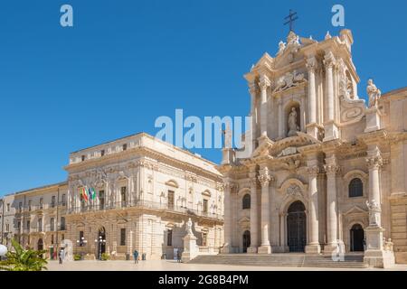 Piazza Duomo and of the Cathedral of Syracuse in Sicily Stock Photo