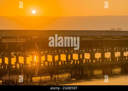 Sunrise view over the wetland and the floating bridge, in the Hula Nature Reserve, Northern Israel Stock Photo