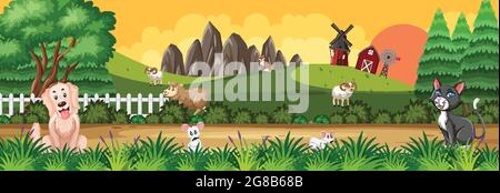 Panorama landscape scene with various farm animals in the forest ...