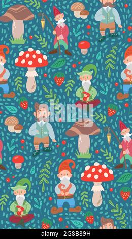 Simple childish pattern with gnomes, natural and doodle decorations. Texture with leprechauns, foliage, mushrooms and berries on blue background. Hand Stock Vector