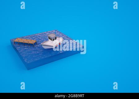 3D model of the pier and boat. Small graphic model of a boat, pier, water. Color background. Isolated marina with a boat on a blue background Stock Photo