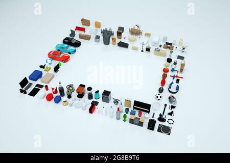 3D graphics, lots of 3D models of household appliances and furniture. Collection of items of computer, telephone, kettle, toaster, game console and so Stock Photo