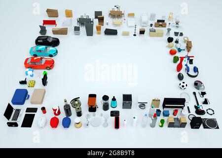 3D graphics, lots of 3D models of home appliances and furniture. Collection of items from a computer, phone, kettle, toaster, game console, and so on. Stock Photo