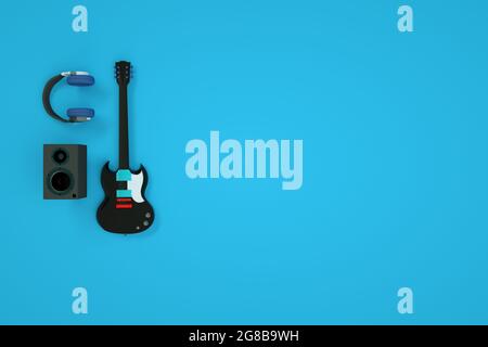 3D models of guitars, headphones and speakers. Electric guitar, amp, and headphones. Computer graphics, musical instruments and instruments. Top view, Stock Photo