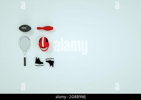 Set of sports accessories in white background, 3D graphics. Isometric models of hockey helmets, skates, tennis rackets, and balls. Sports equipment on Stock Photo