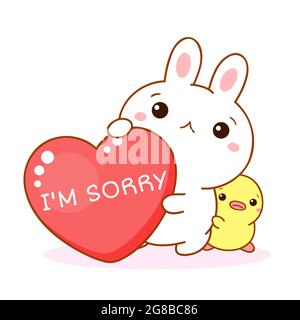 Unhappy kawaii bunny and duckling with red heart. Inscription I'm sorry. Cute little duck and rabbit apologize. Vector illustration EPS8 Stock Vector