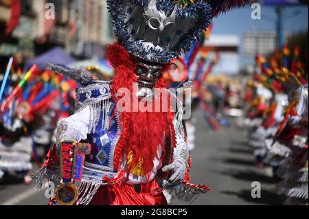 El Alto, Bolivia. 16th July, 2021. Folklore dancers are registered for