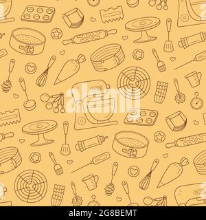 Seamless pattern with tools for making cakes, cookies and pastries. Doodle confectionery tools - stationary dough mixer, baking pans and pastry bag Stock Vector