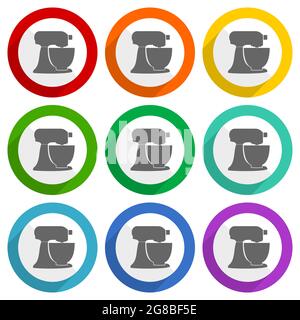 Planetary mixer, kitchen equipment vector icons, set of colorful flat design buttons for webdesign and mobile applications Stock Vector