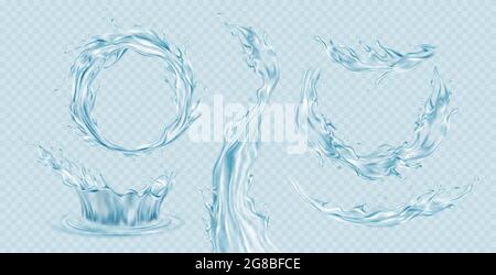 Set of realistic transparent water splashes, water crown, waves, drops isolated on a light blue transparent background. Vector illustration Stock Vector