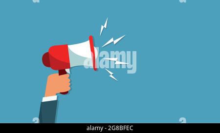 Attention please. Hand hold megaphone. Speaker, loudspeaker. Advertising and promotion symbol. Stock Vector