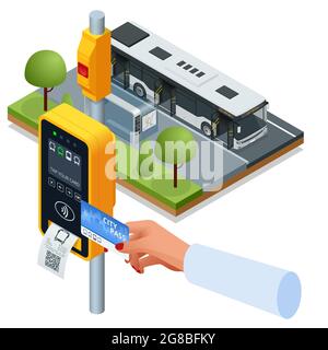 Isometric hand using paper smart card ticket to pay money for transportation at payment kiosk stand. E-ticket paper for traveler. Yellow validator Stock Vector