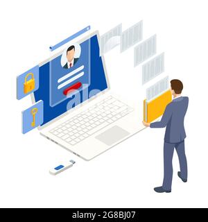 Isometric man analyzes the database of employees or personnel. Protection of personal data. Data processing. HR manager. Artificial intelligence Stock Vector