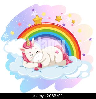 Unicorn laying on cloud with rainbow and melody symbol illustration ...