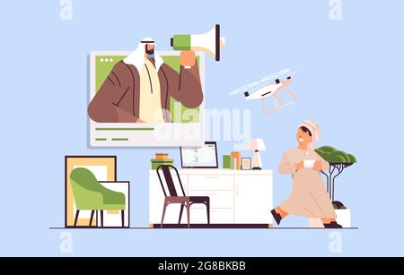 arab schoolboy controlling air drone with wireless remote controller living room interior horizontal Stock Vector