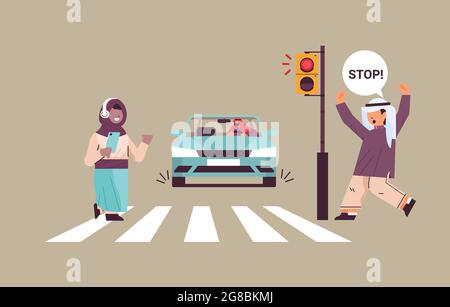 schoolgirl with smartphone and headphones crossing road on red traffic lights arabic driver stops car immediately road safety Stock Vector