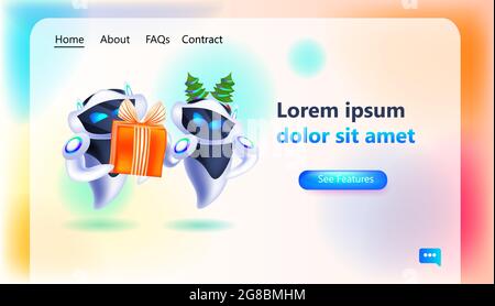 robots with gift box in fir tree festive hat robotic characters celebrating winter holidays artificial intelligence technology Stock Vector