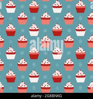 Cupcakes with red berries minimalist seamless vector pattern background Stock Vector