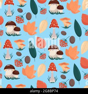 Seamless pattern with mushrooms and autumn leaves, vector illustration in flat style Stock Vector