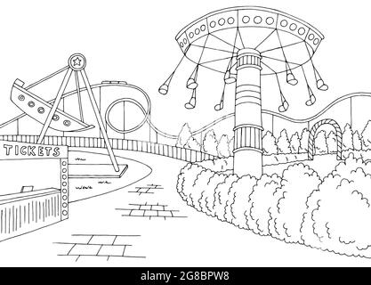 Amusement park landscape graphic black white sketch illustration vector ...