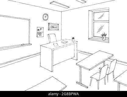 Classroom graphic black white interior sketch illustration vector Stock Vector
