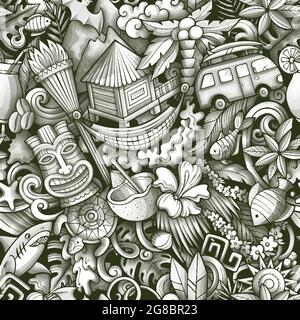 Cartoon doodles Hawaii seamless pattern. Backdrop with Hawaiian culture symbols and items. Monochrome detailed, with lots of objects background for pr Stock Vector
