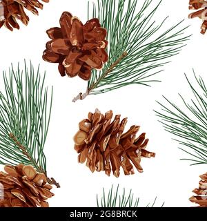 Botanical seamless pattern with pine cones and branches. Realistic winter background. Stock vector illustration. Stock Vector