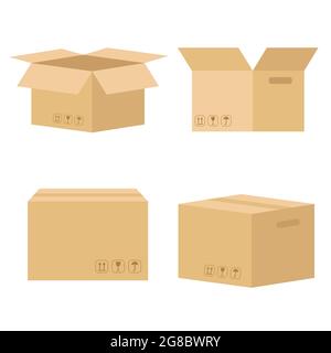 Set of cardboard boxes for parcels, goods and products, vector illustration. A collection of sustainable recyclable packaging for various uses. Stock Vector