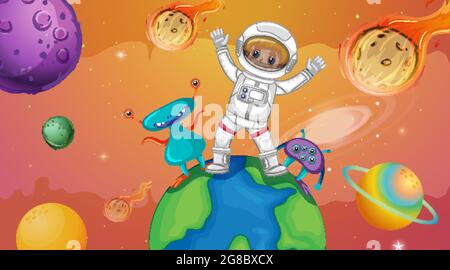 Astronaut kid with aliens standing on the earth in space scene illustration Stock Vector