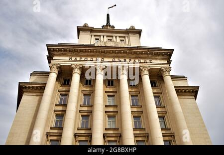 SOFIA, BULGARIA - Aug 08, 2015: A facade of the Office house of the National Assembly, Former House of the Bulgarian Communist Party, in Sofia, Bulgar Stock Photo