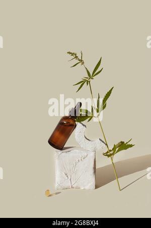 CBD oil in brown bottle with dropper and cannabis branch, hemp on podium Beige background Concept of cosmetics and products with cannabinoid, CBD oil, Stock Photo