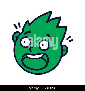 Loudly screaming emoji face, shocked emoticon in bad mood isolated scared  face expression. Vector frightened horror face expression crazy screaming  emoticon, shouting smiley with wide open mouth Stock Vector