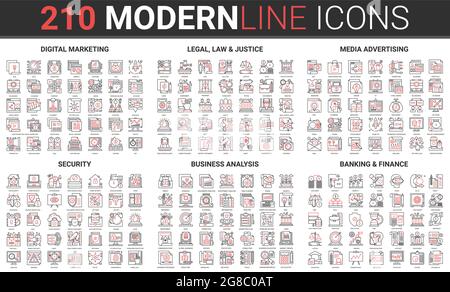 Business finance technology, thin red black line icons vector illustration set. Linear pictogram pack with cyber data security and analysis, digital marketing, legal law justice symbols collection Stock Vector