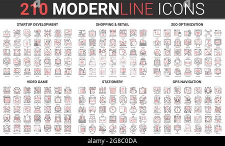 Business startup development, office supplies, seo optimization thin red black line icon vector illustration set. Video game entertainment symbols collection, retail shopping, gps navigation service Stock Vector