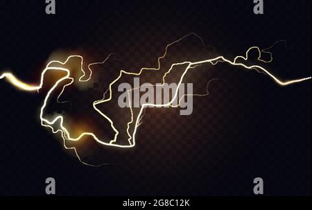 Abstract electric golden lightning, spark energy explosion glow of thunderbolt vector illustration. Electricity flash strike thunder arc, burst glowing power lines of thunderstorm in dark background Stock Vector