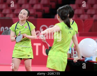 Tokyo, Japan. 19th July, 2021. Japanese table tennis player Ito Mima (L) attends a training session ahead of the Tokyo 2020 Olympic Games in Tokyo, Japan, July 19, 2021. Credit: Wang Dongzhen/Xinhua/Alamy Live News Stock Photo