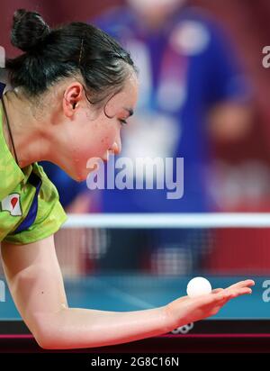 Tokyo, Japan. 19th July, 2021. Japanese table tennis player Ito Mima attends a training session ahead of the Tokyo 2020 Olympic Games in Tokyo, Japan, July 19, 2021. Credit: Wang Dongzhen/Xinhua/Alamy Live News Stock Photo