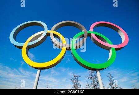 File photo dated 23-03-2020 of The Olympic Rings at the Queens Elizabeth Park, London. Issue date: Monday July 19, 2021. Stock Photo
