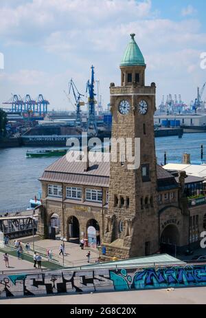 Hamburg, Germany - City view of Hamburg harbour, landing stages, water level tower, the dome of the Old Elbe Tunnel. Stock Photo