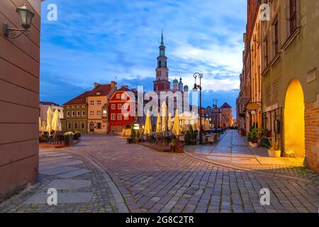 Morning Poznan Town Hall on Old Market Square in Old Town, Poznan, Poland Stock Photo