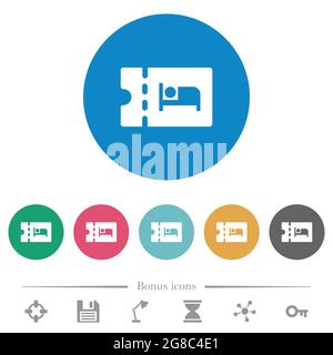 Accommodation discount coupon flat white icons on round color backgrounds. 6 bonus icons included. Stock Vector