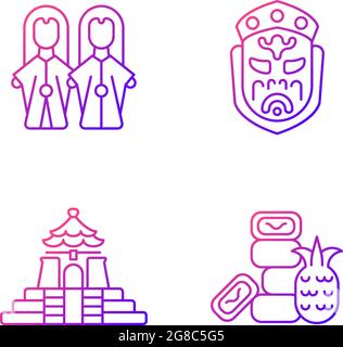 Asian ceremonial gradient linear vector icons set. Stock Vector