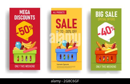 Set of flyer or banner templates for super market with basket full of food and drinks, fruits and vegetables Stock Vector