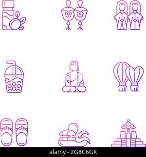 Traditional taiwanese gradient linear icons set. Stock Vector