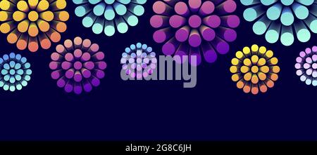 Abstract background with 3d shapes forming round flower, bright cyliders spreading from the center on dark backdrop Stock Vector
