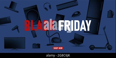 Black Friday banner with black monochrome illustration of different electronic devices and kitchen equipment and smart gagets on blue backdrop Stock Vector