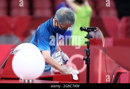 Tokyo, Japan. 19th July, 2021. A staff member disinfects facilities at Tokyo Metropolitan Gymnasium in Tokyo, Japan, July 19, 2021. Credit: Wang Dongzhen/Xinhua/Alamy Live News Stock Photo